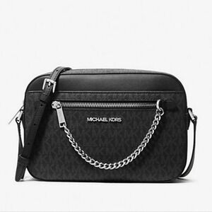 NWT MICHAEL KORS Black Jet Set Crossbody Bag Silver MK Monogram Canvas Print